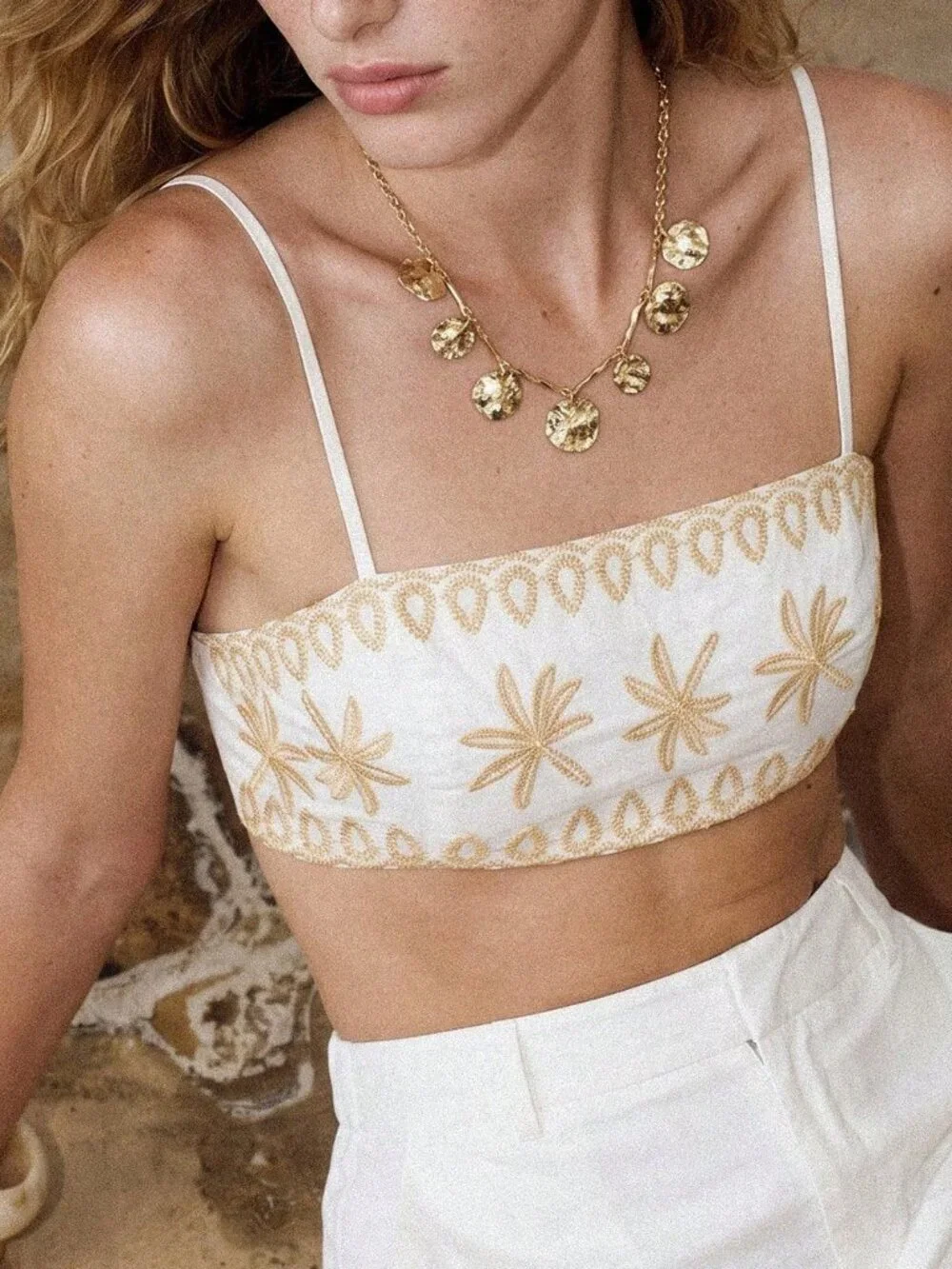 White Boho Women's Premium Vacation Embroidered Cropped Cami Top